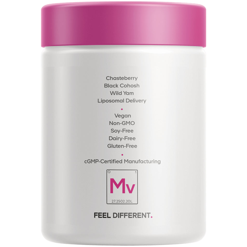 CDG060 | White supplement jar back with pink lid showing ingredients and claims: Chasteberry, Black Cohosh, Wild Yam; vegan, non-GMO, soy-free, dairy-free, gluten-free - Thumbnail