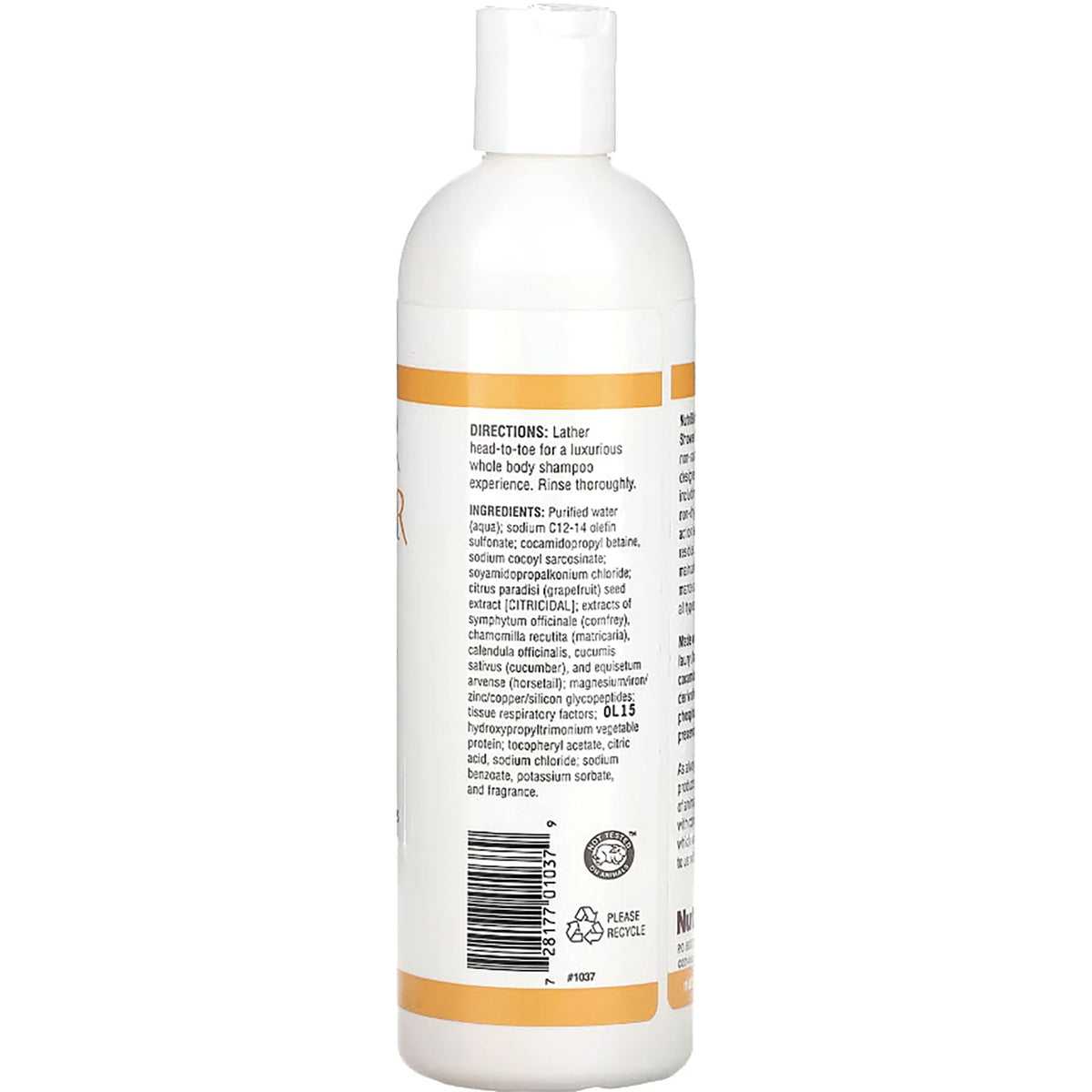 NUB009 | back of white bottle showing ingredient list, directions, and barcode
