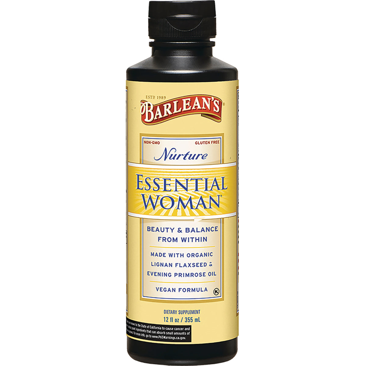 Barlean's Nurture Essential Woman supplement bottle front label showing Essential Woman and beauty & balance from within