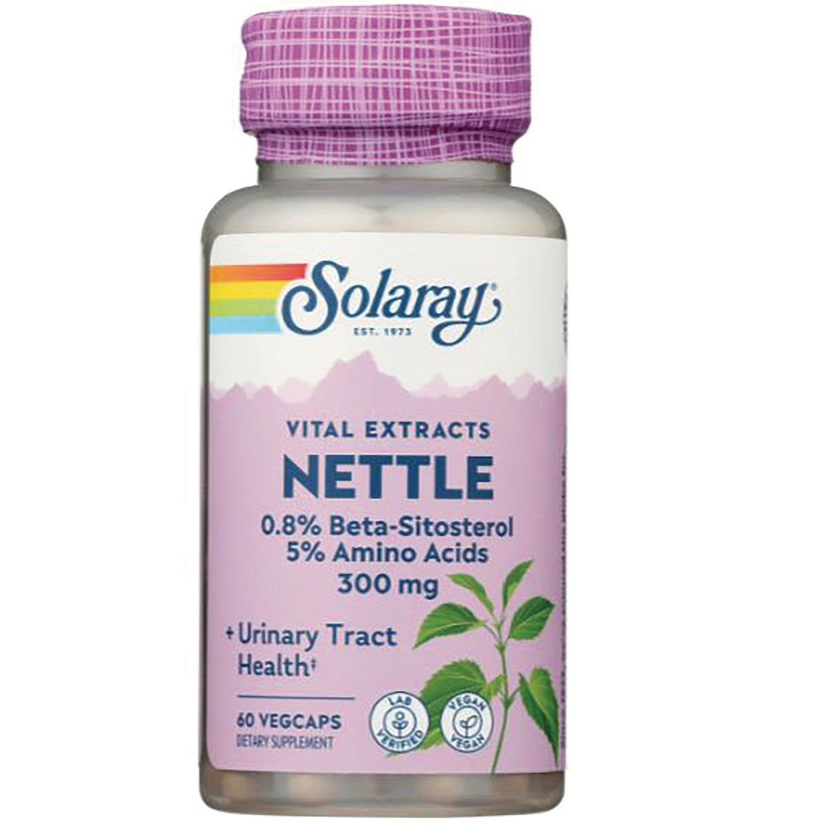 SLR385 | Solaray Nettle 300 mg supplement bottle with pink label, 60 vegcaps and plant illustration