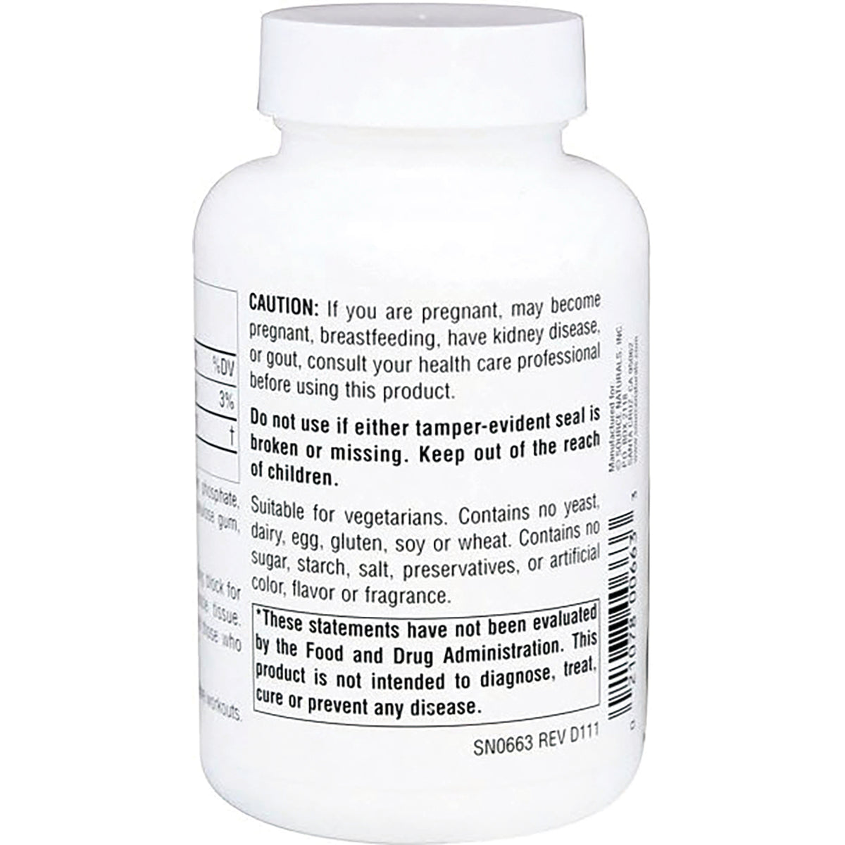 SN658 | Supplement bottle back label with caution statement, vegetarian, and no yeast, dairy, egg, gluten, soy or wheat