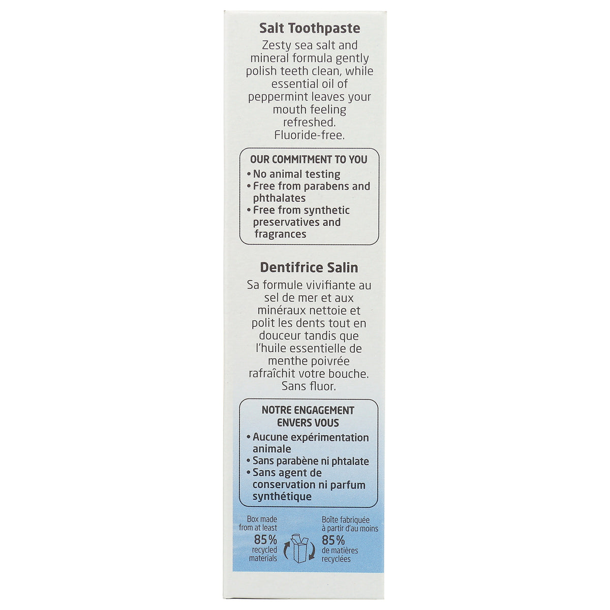 WEL006 | Salt Toothpaste box back showing benefits and commitments: no animal testing; free from parabens, phthalates, synthetic preservatives