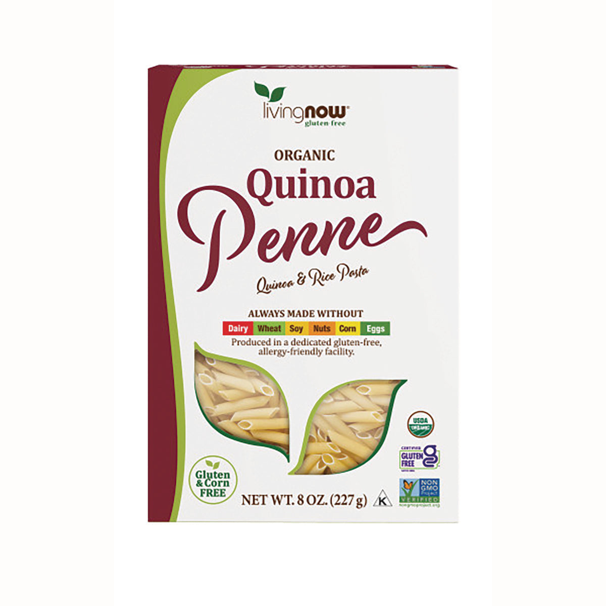 NWF1269 | Living Now organic Quinoa Penne pasta box 8 oz front packaging with window showing penne and gluten free labels