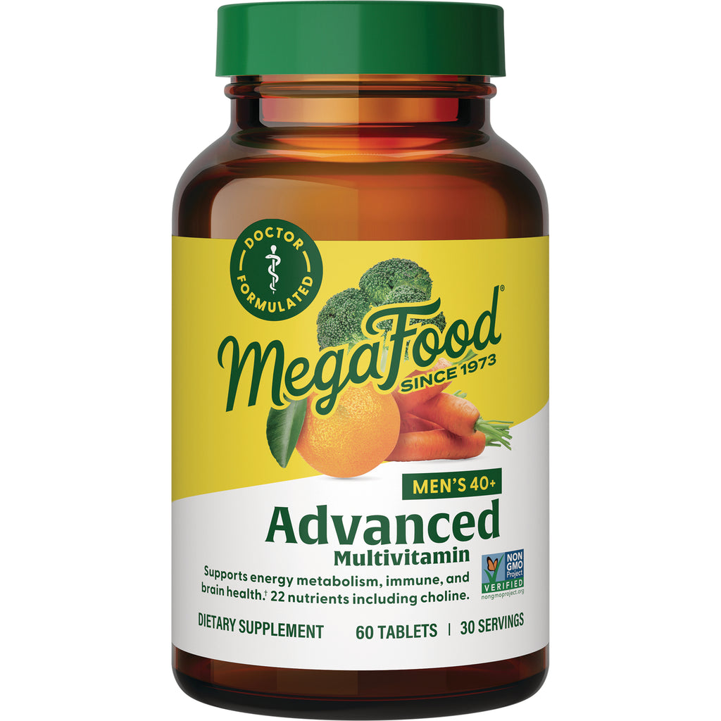 MGF067 | Brown bottle of MegaFood Advanced Multivitamin Men's 40+ with orange and carrot label, 60 tablets - Thumbnail