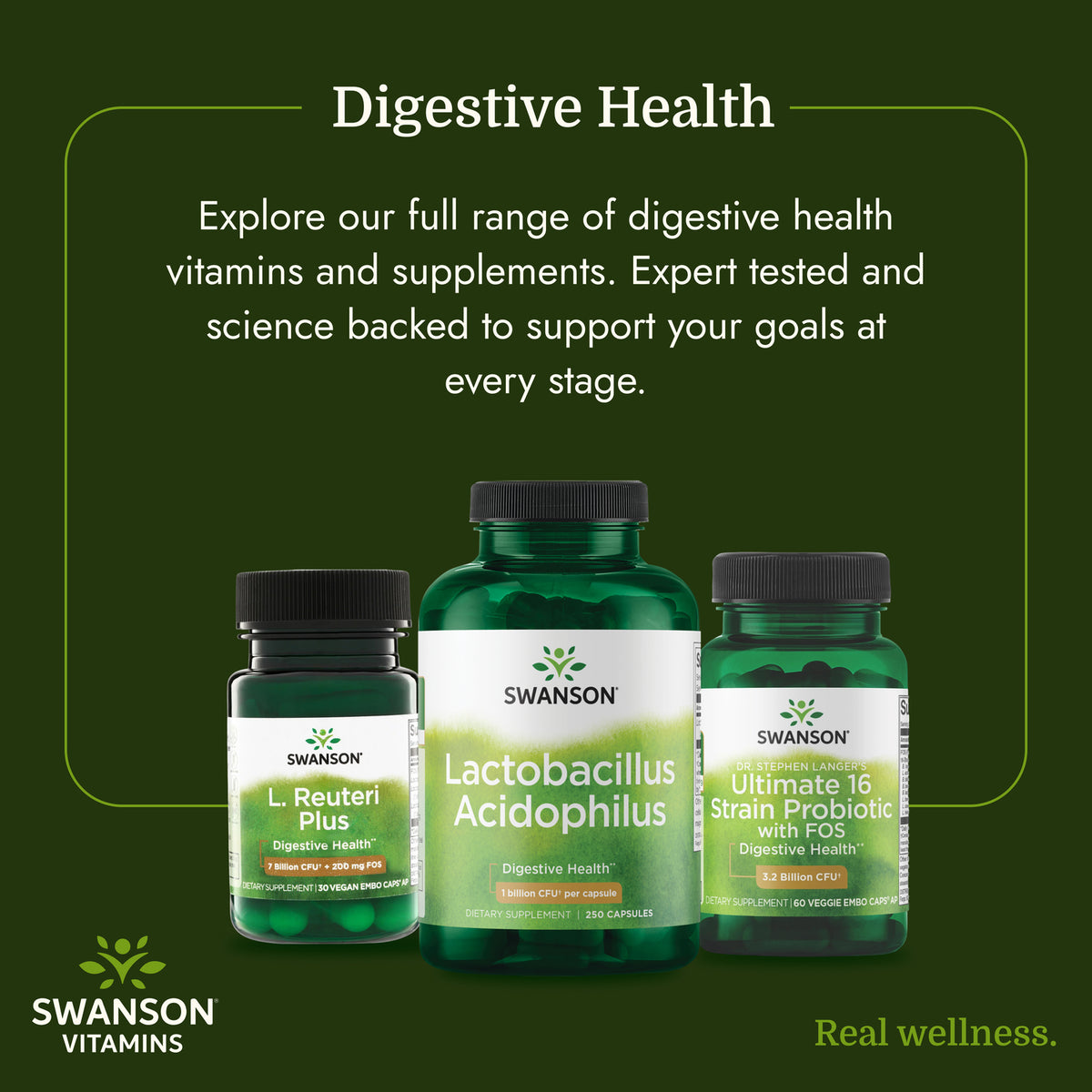 SW283 | Woman smiling beside Swanson Lactobacillus Acidophilus bottle with digestive health text