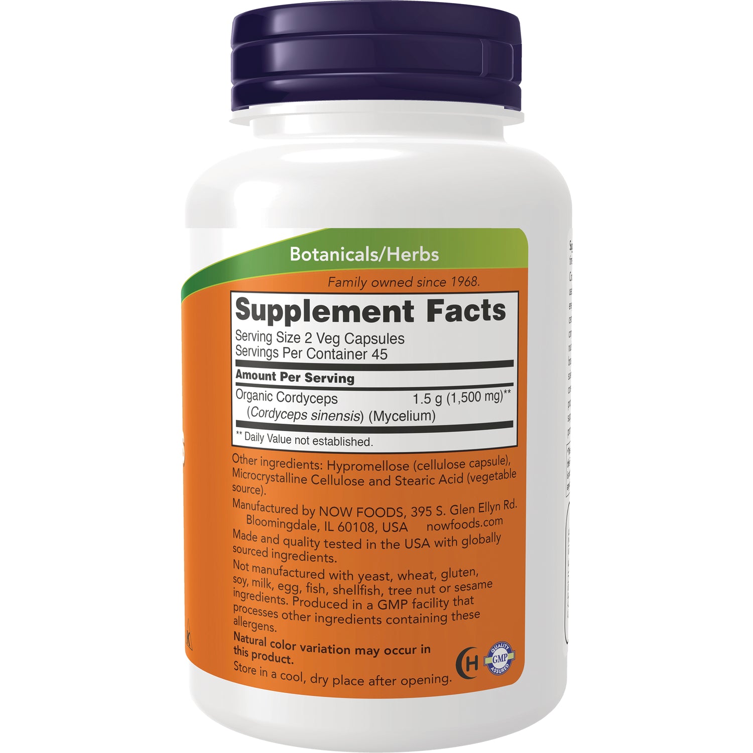 NWF963 | Back of white supplement bottle showing Supplement Facts and ingredients for organic cordyceps 1.5 g serving