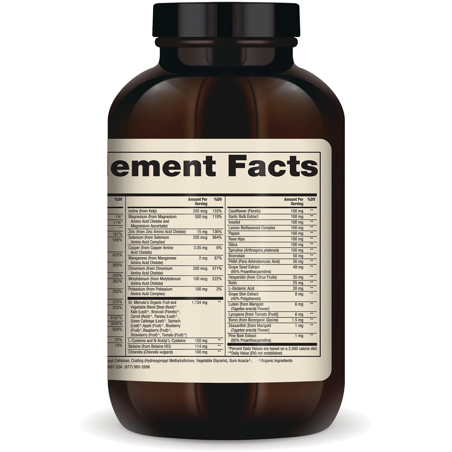 MRC086 | back of brown supplement bottle showing Supplement Facts label with ingredient and nutrition tables