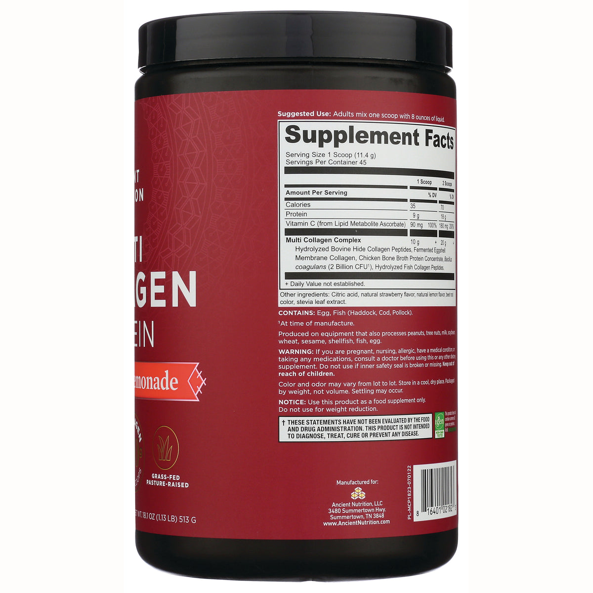 ATN102 | Back of red supplement tub showing Supplement Facts panel, ingredients and warning text, and barcode