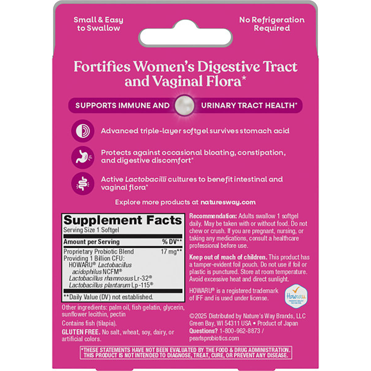 ET395 | Back of pink supplement pouch showing benefits for women's digestive and vaginal flora and Supplement Facts panel