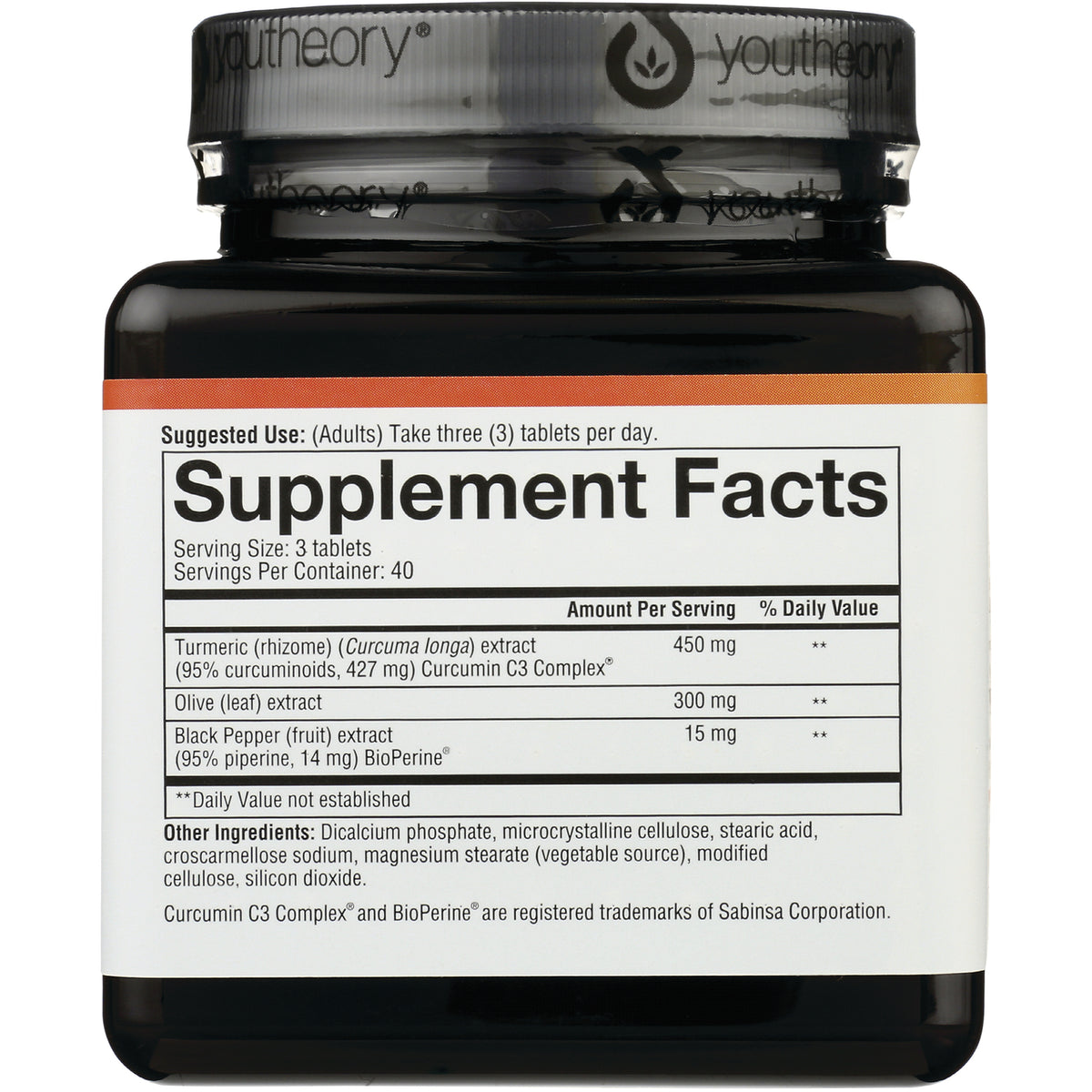 YOU008 | Back label with Supplement Facts: serving size 3 tablets; turmeric 450 mg, olive 300 mg, black pepper 15 mg