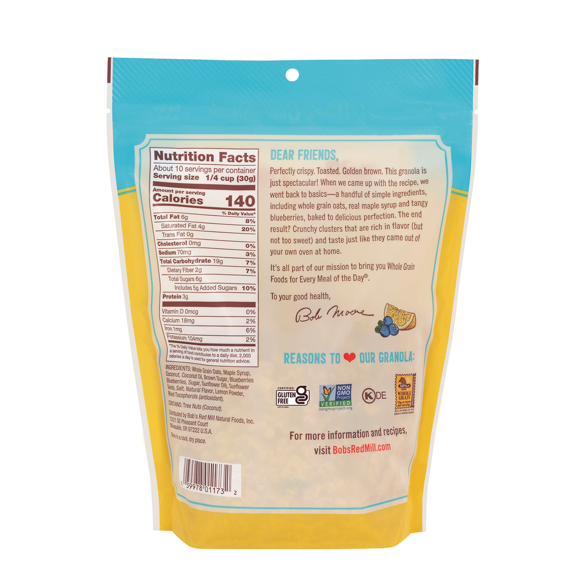 BOB477 | Back of granola pouch showing nutrition facts, ingredients and company message