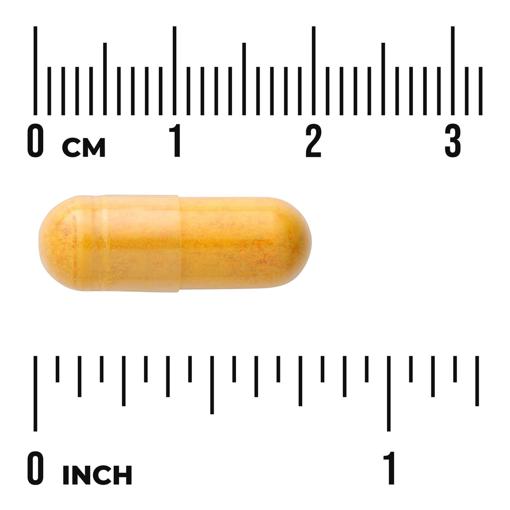 SW018 | Yellow capsule on white background with centimeter and inch rulers showing about 2 cm length - Thumbnail