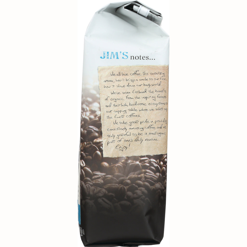 JOC010 | Back of coffee bag with JIM'S notes panel and roasted coffee beans - Thumbnail
