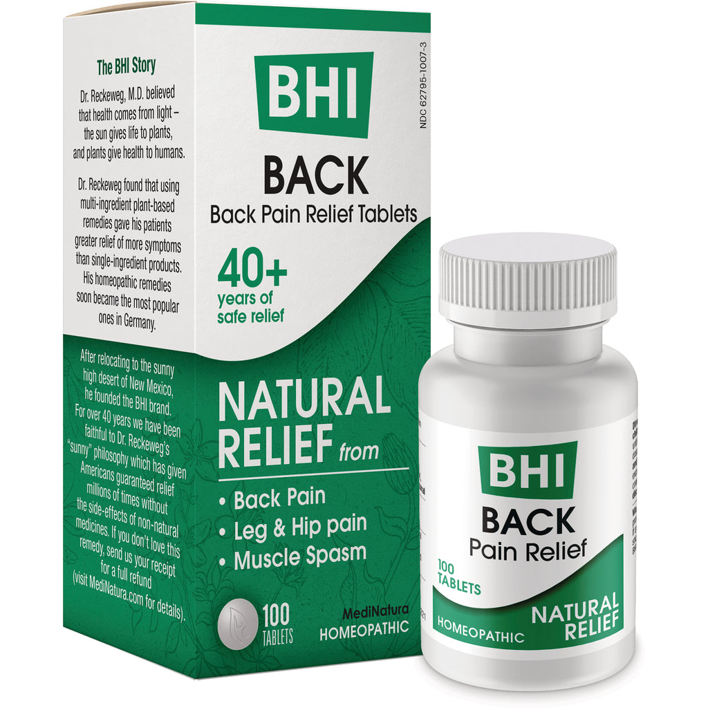 MNA035 | BHI BACK pain relief tablets front of green and white box labeled Natural Relief 100 tablets - Thumbnail
