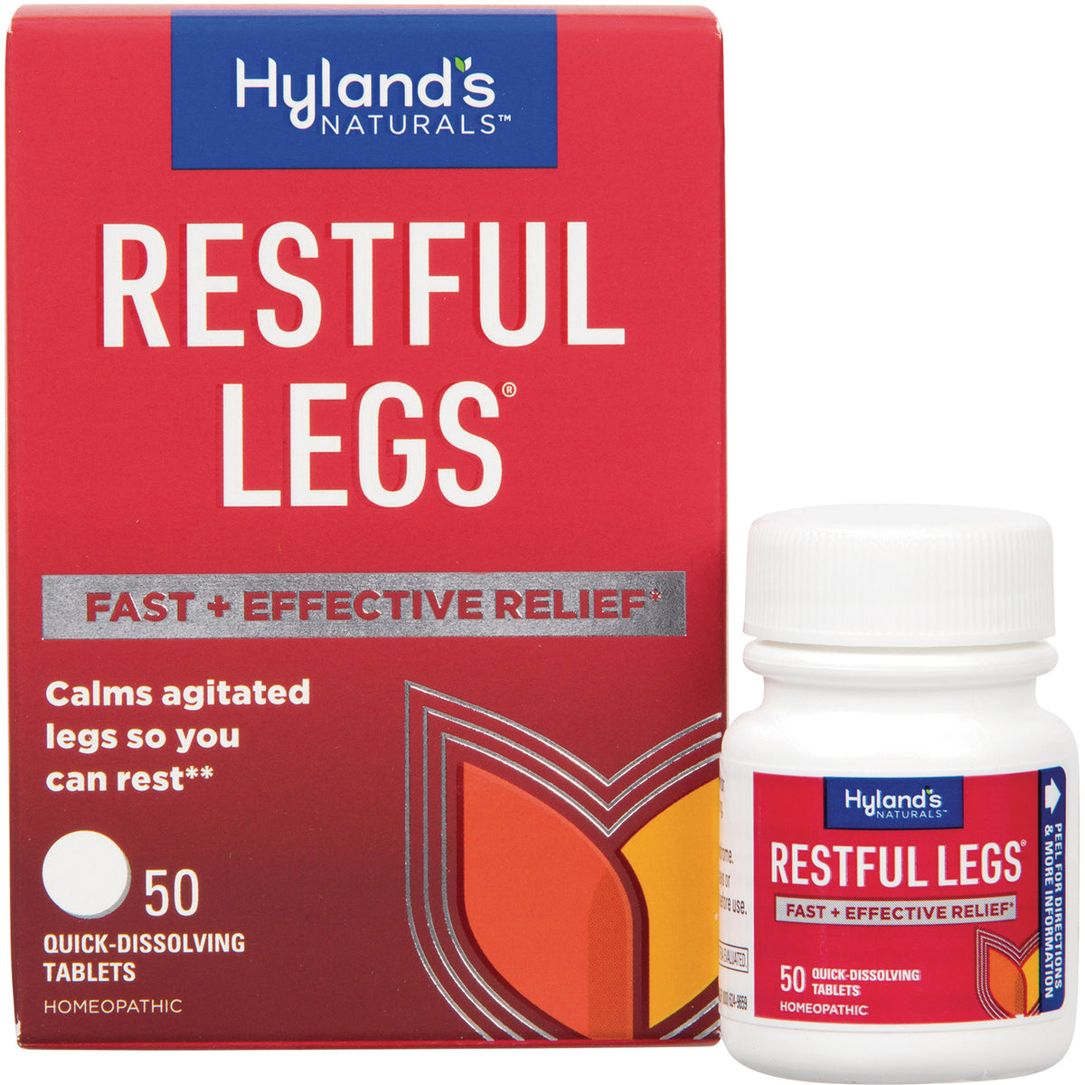 HY173 | Hyland's RESTFUL LEGS box and bottle showing 50 quick-dissolving tablets and FAST + EFFECTIVE RELIEF