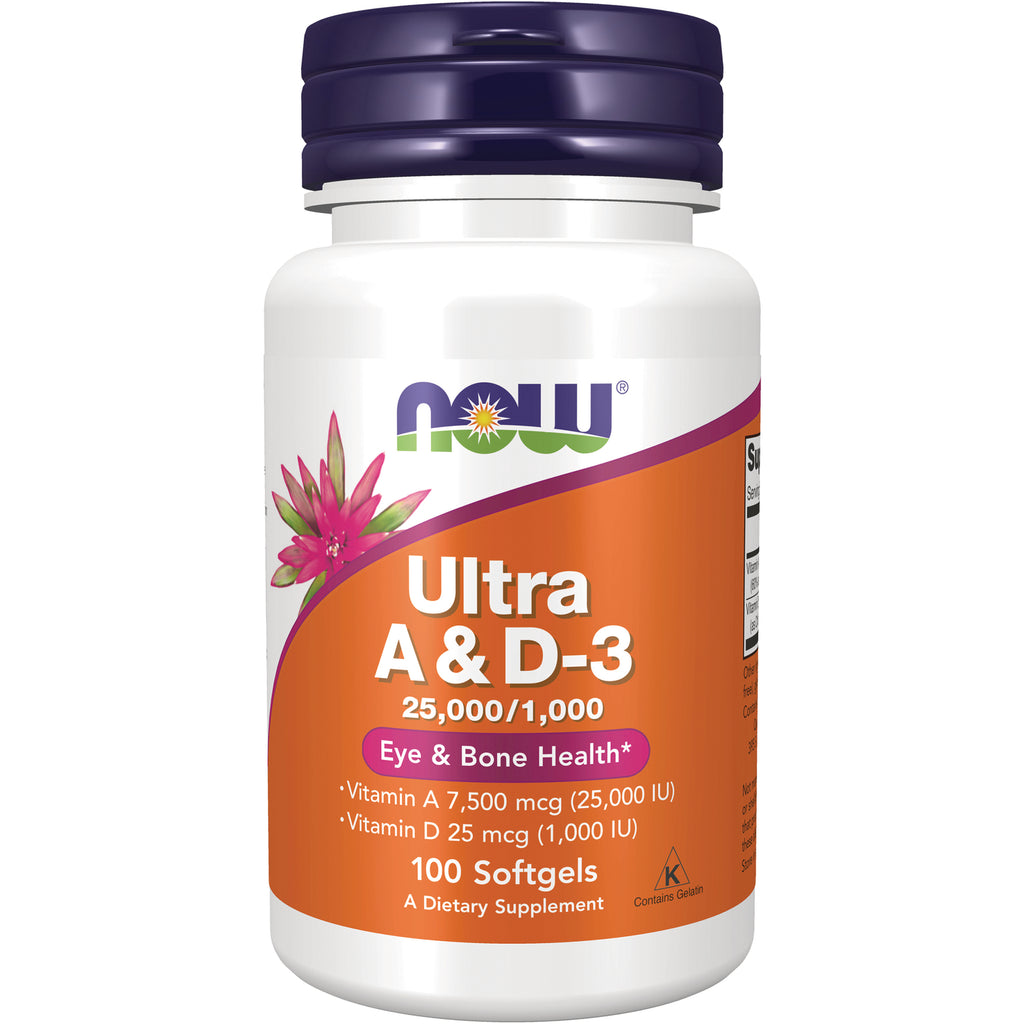 NWF154 | NOW Ultra A & D-3 supplement bottle with orange label and purple cap, 100 softgels - Thumbnail