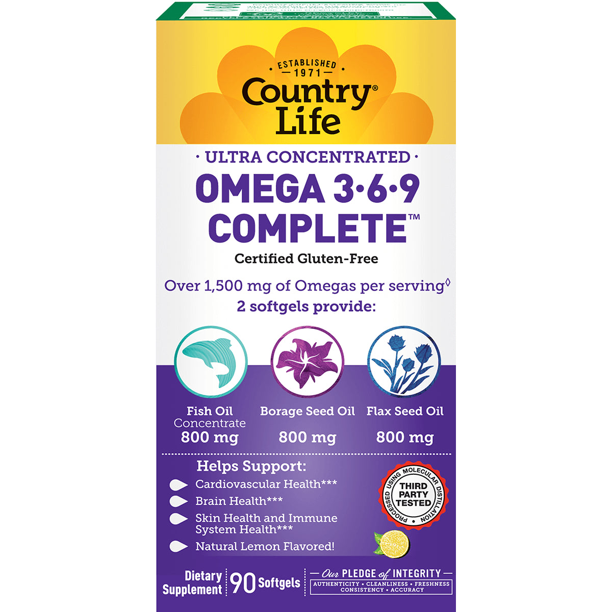 CRL295 | Country Life Ultra Concentrated Omega 3-6-9 Complete supplement box front showing 90 softgels, fish, borage, and flax oils, natural lemon flavored