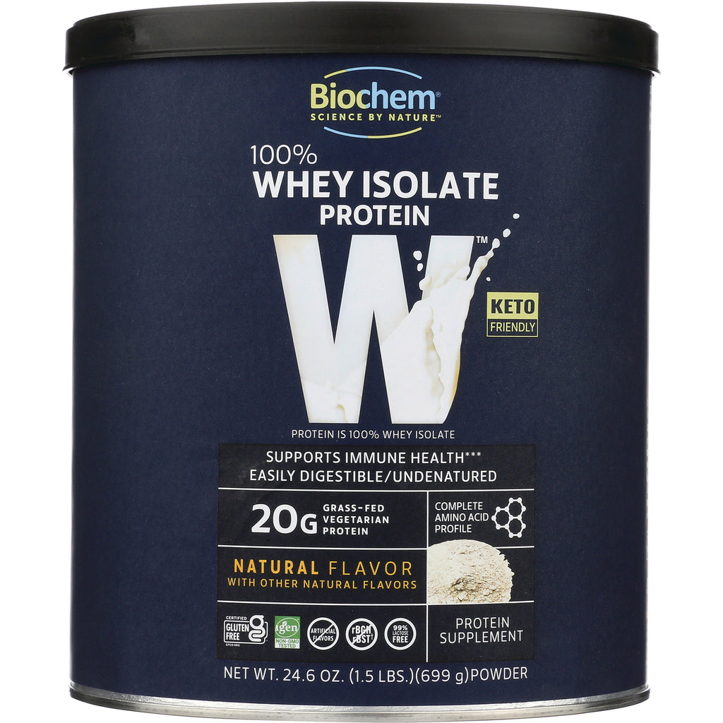 CRL164 | Biochem 100% Whey Isolate protein canister, natural flavor, navy label showing 20g protein and keto friendly - Thumbnail