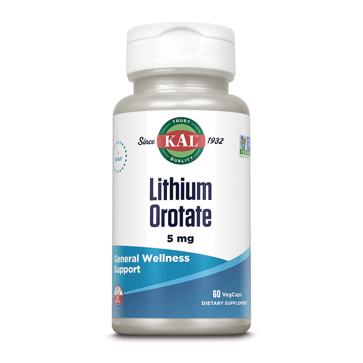 KL593 | KAL Lithium Orotate 5 mg, 60 veg caps dietary supplement bottle