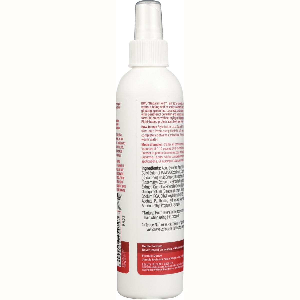 BWC076 | Back label of white spray bottle showing ingredient list and usage text