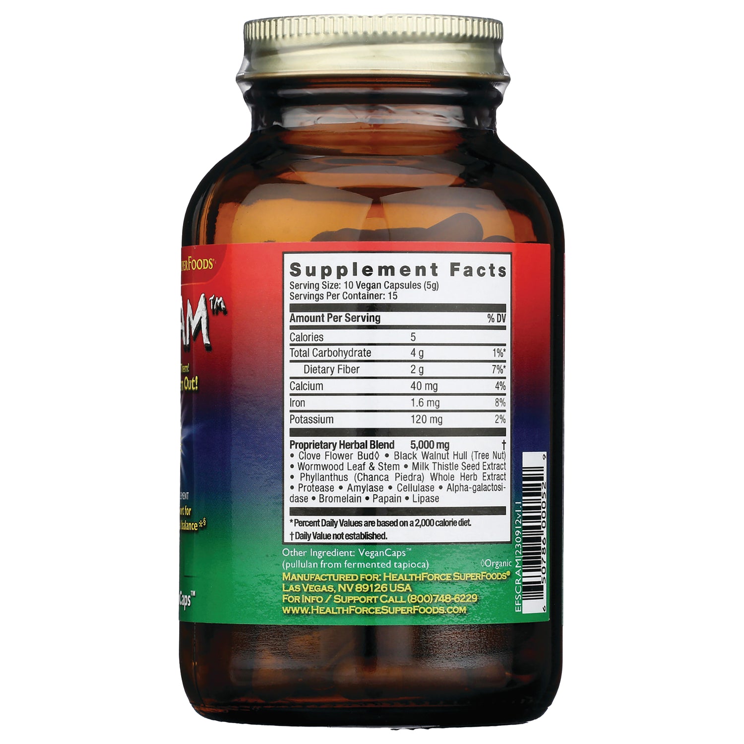 HFC006 | Back of amber supplement bottle showing Supplement Facts label, ingredient list and barcode