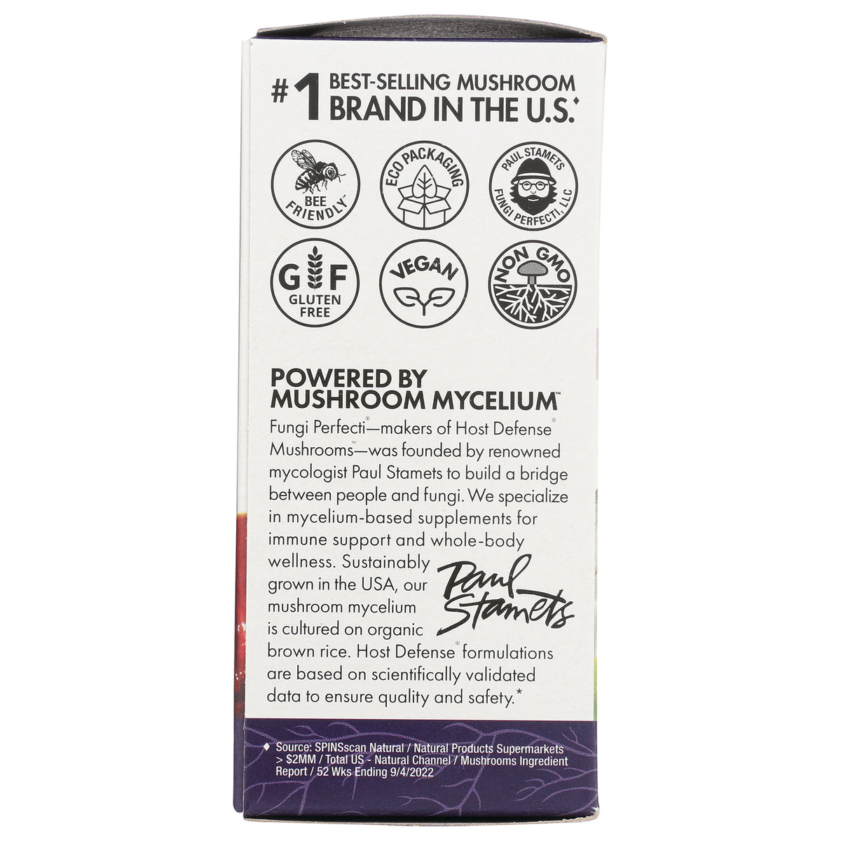 FUN024 | side panel with icons for bee friendly, eco packaging, gluten free, vegan, non-GMO and Powered by mushroom mycelium