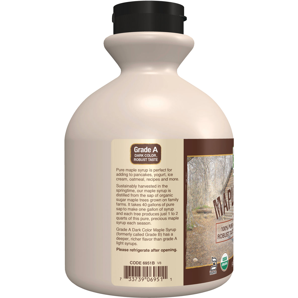 NWF926 | Back of maple syrup jug showing Grade A label, descriptive text, barcode and refrigerate after opening note
