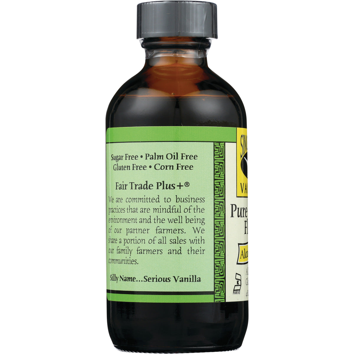 SDV005 | back label of vanilla extract bottle reading Fair Trade Plus+, Sugar Free, commitments and Silly Name...Serious Vanilla