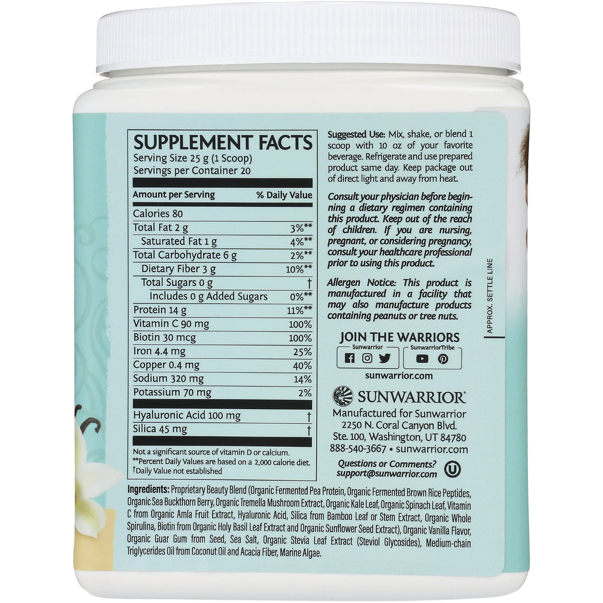 SNW031 | Sunwarrior jar back label with Supplement Facts, suggested use, allergen notice, and ingredients