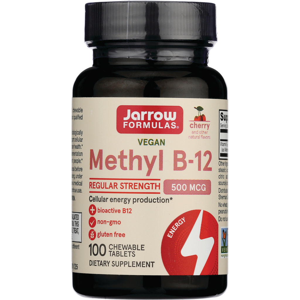 JR239 | Jarrow Formulas vegan Methyl B-12 bottle, regular strength 500 mcg, 100 chewable tablets - Thumbnail