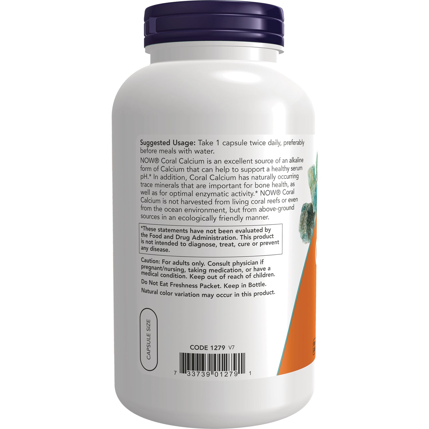 NWF1002 | Back label of white supplement bottle showing suggested usage and warnings with barcode