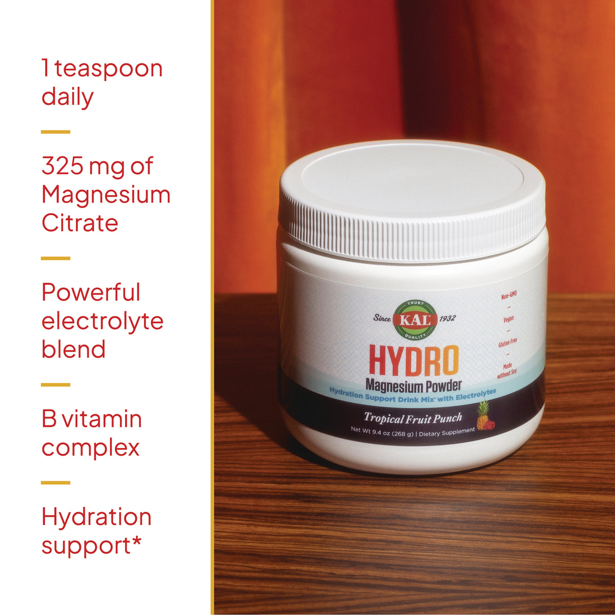 KL589 | KAL Hydro Magnesium Powder tropical fruit punch jar with left panel listing 1 teaspoon daily and 325 mg magnesium citrate
