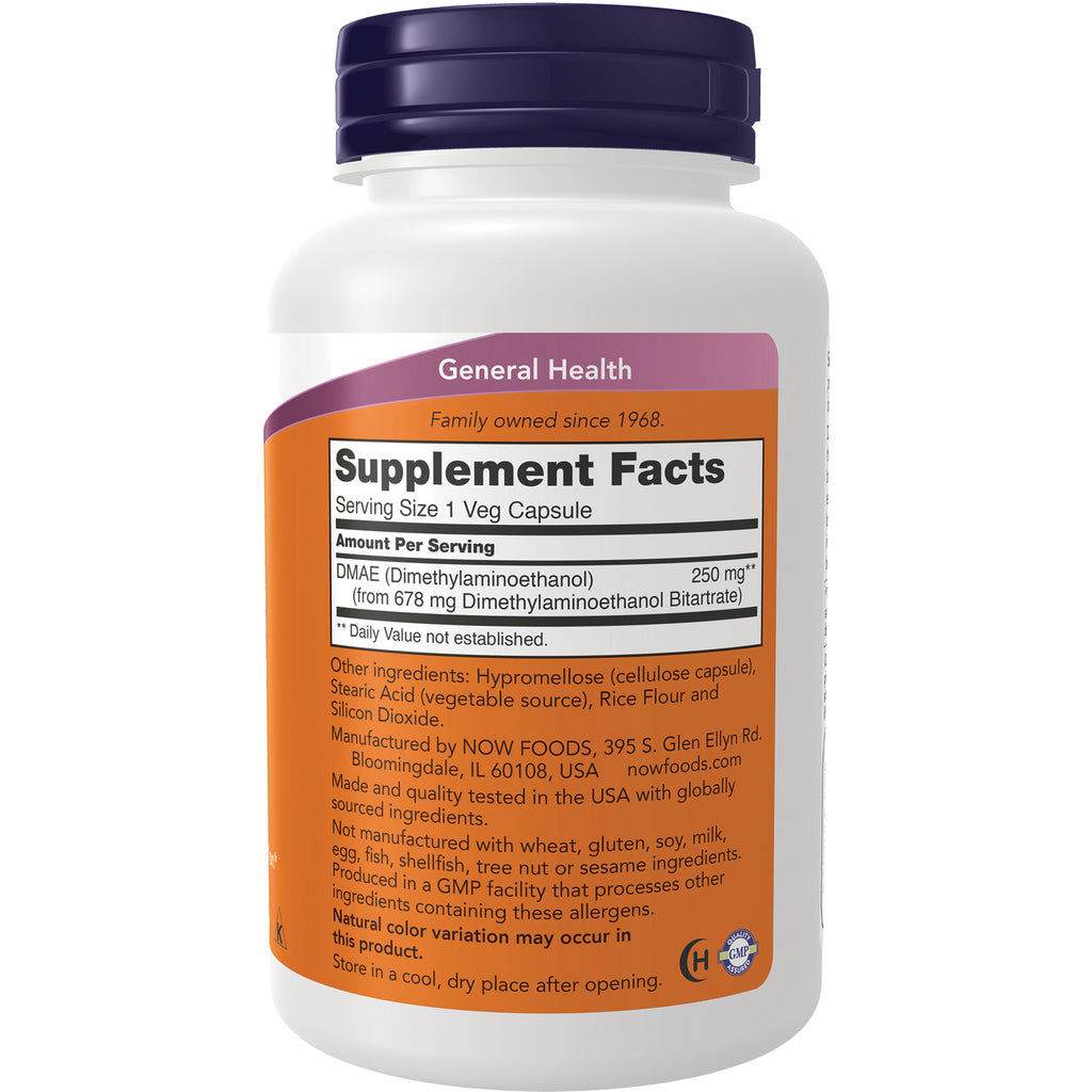 NWF741 | Back of white supplement bottle with orange label showing Supplement Facts and DMAE 250 mg - Thumbnail