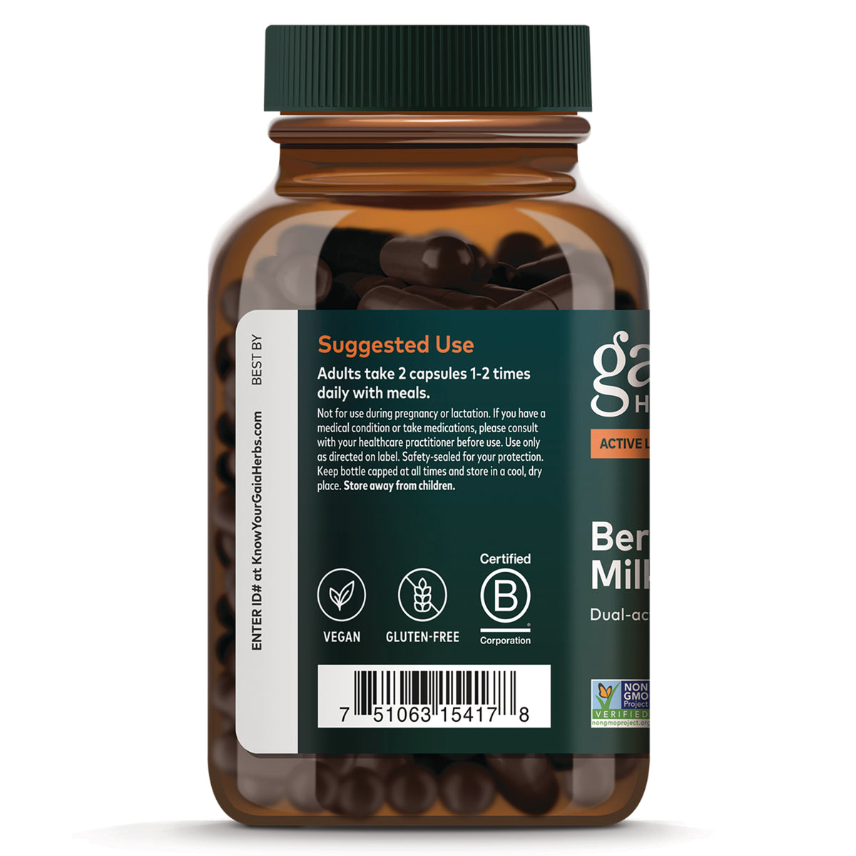 GH176 | Back label of brown supplement bottle showing suggested use text, vegan and gluten-free icons, B Corp seal and barcode
