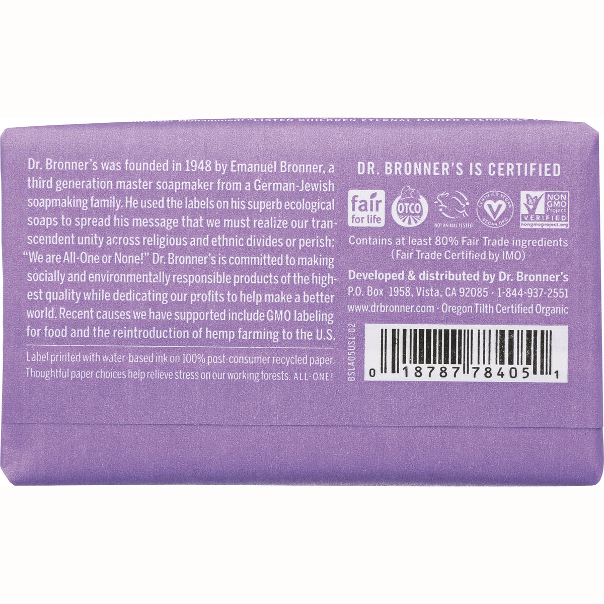 DRB003 | Back of purple soap wrapper showing product text, certification icons, and barcode