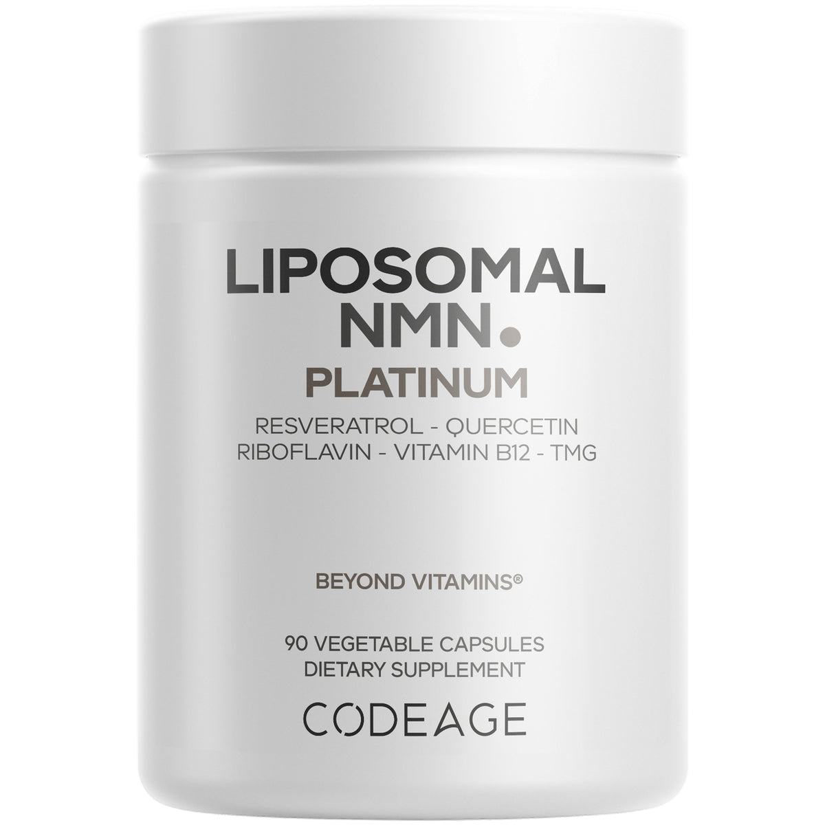 CDG040 | White Codeage NMN Platinum liposomal supplement jar labeled RESVERATROL - QUERCETIN, 90 capsules