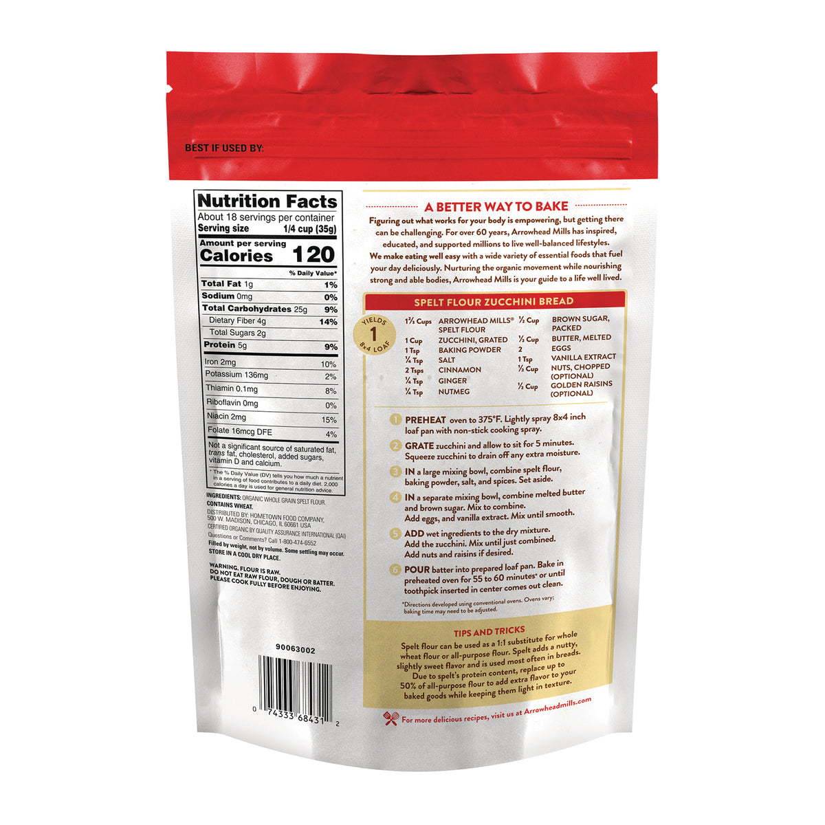 AHM061 | Back of Arrowhead Mills spelt flour bag with Nutrition Facts and Spelt Flour Zucchini Bread recipe