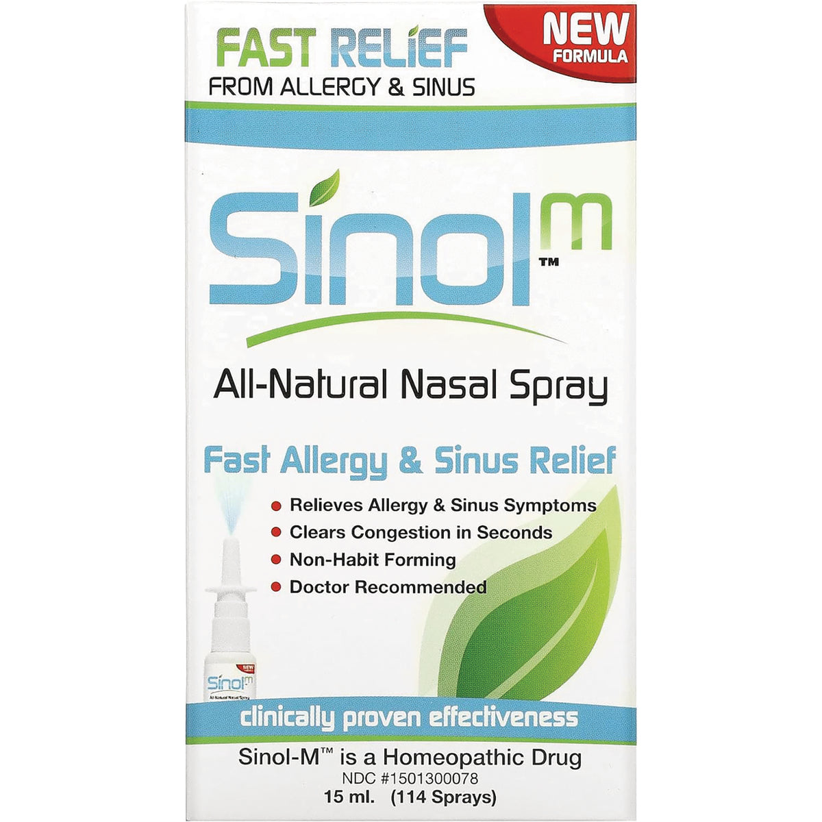 SNL004 | Sinol-M All-Natural Nasal Spray box front, Fast Allergy & Sinus Relief, 15 ml (114 sprays)