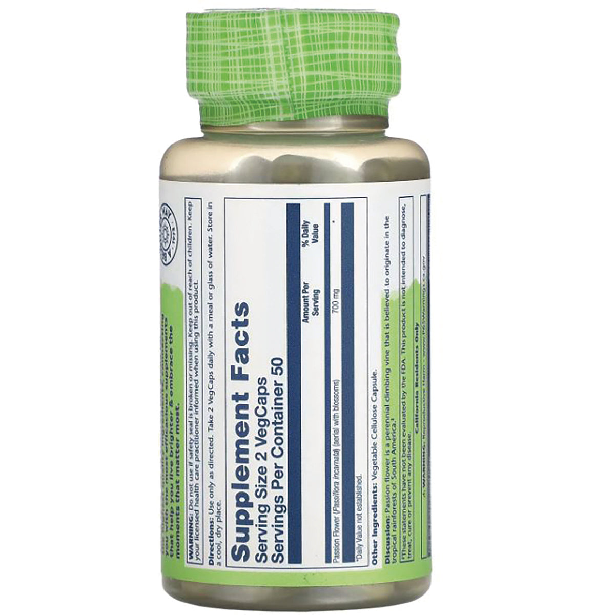 SLR218 | Back of supplement bottle showing Supplement Facts label and green cap