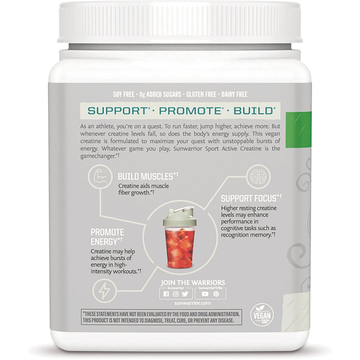 SNW042 | Back label: Support  Promote  Build infographic with muscles, energy and focus benefits; Vegan 100