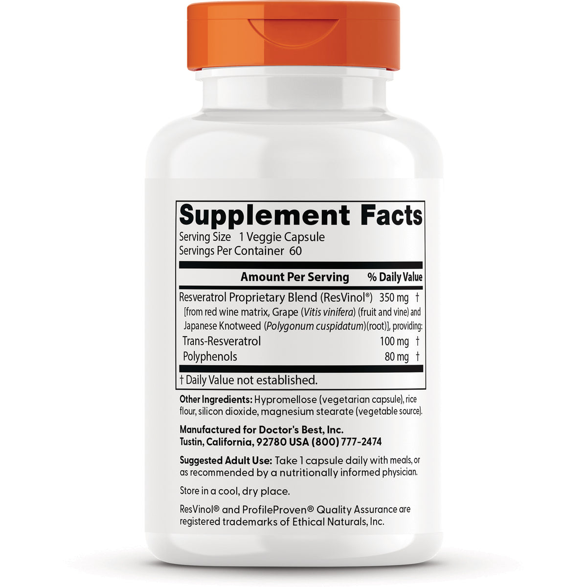 Supplement Facts label for resveratrol capsules showing serving size 1 veggie capsule, amount per serving, ingredients and suggested use