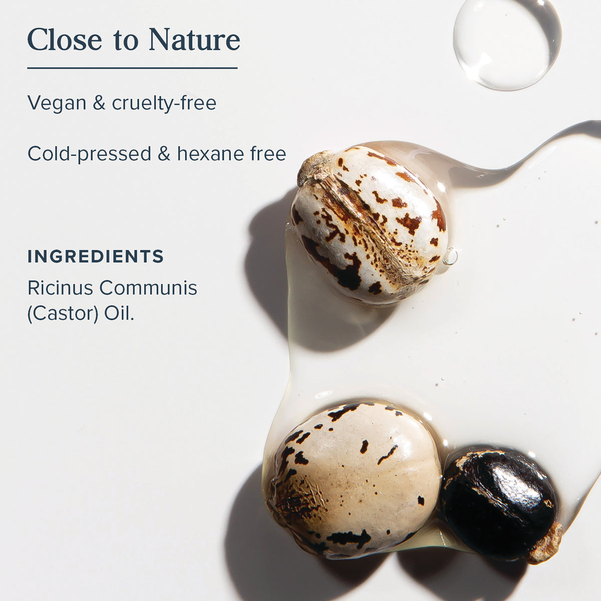 HTG023 | back label showing Close to Nature claims and ingredients listing Ricinus Communis (Castor) Oil