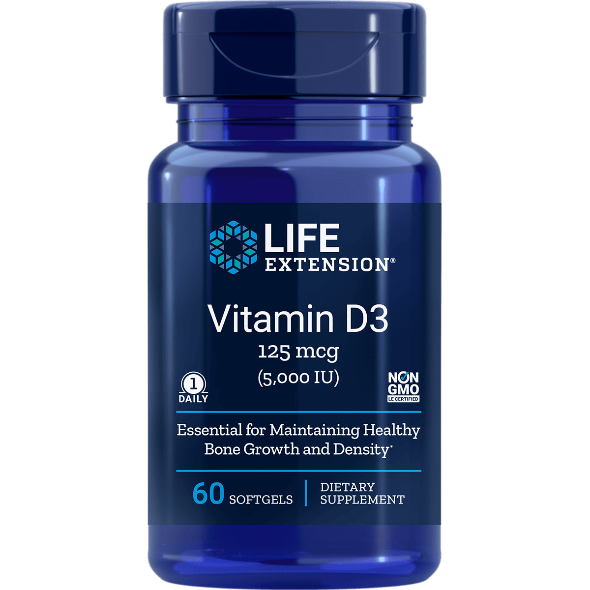 LE200 | Life Extension Vitamin D3 125 mcg (5,000 IU) 60 softgels front bottle