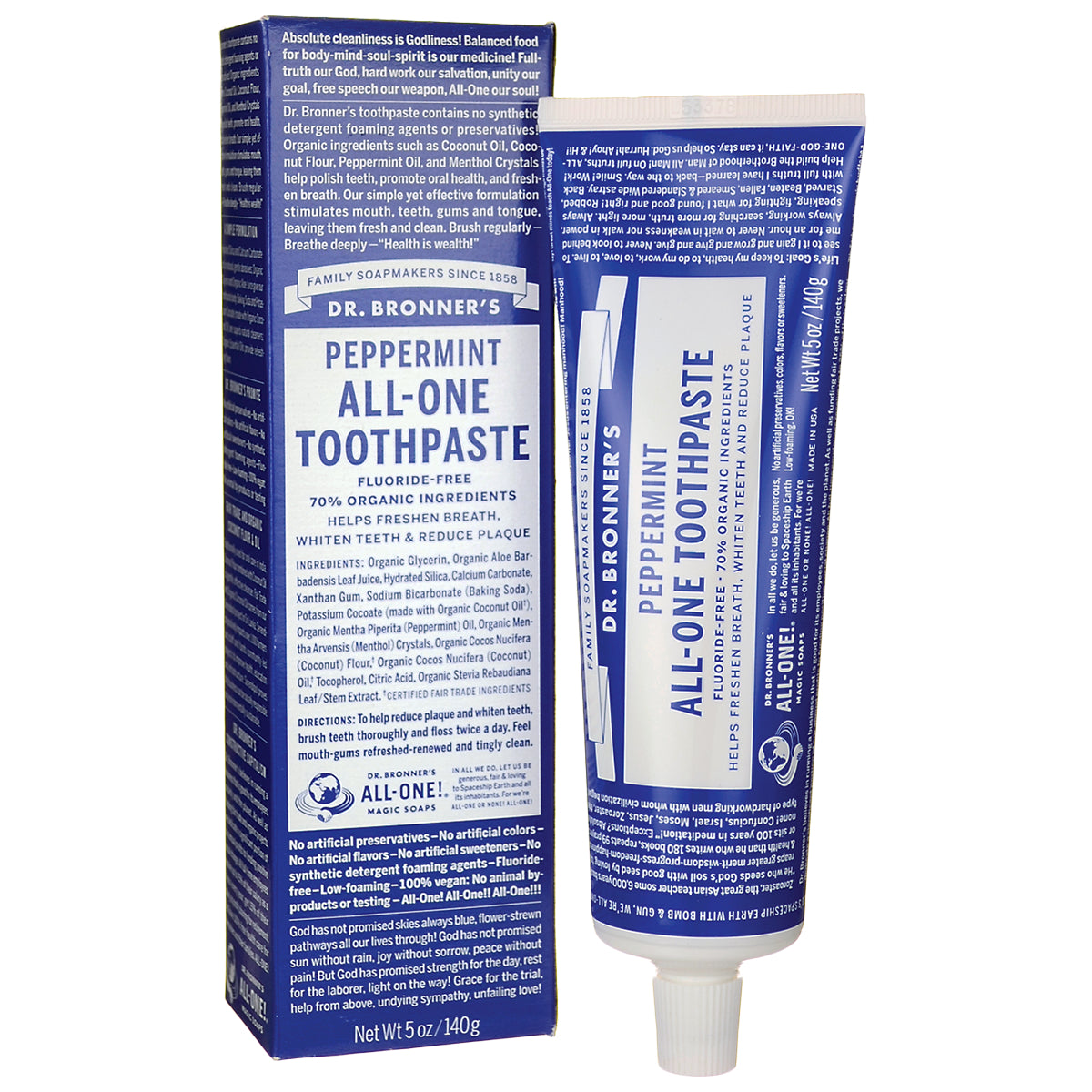 DRB073 | Peppermint All-One Toothpaste tube and box with blue packaging showing product name and ingredient panel