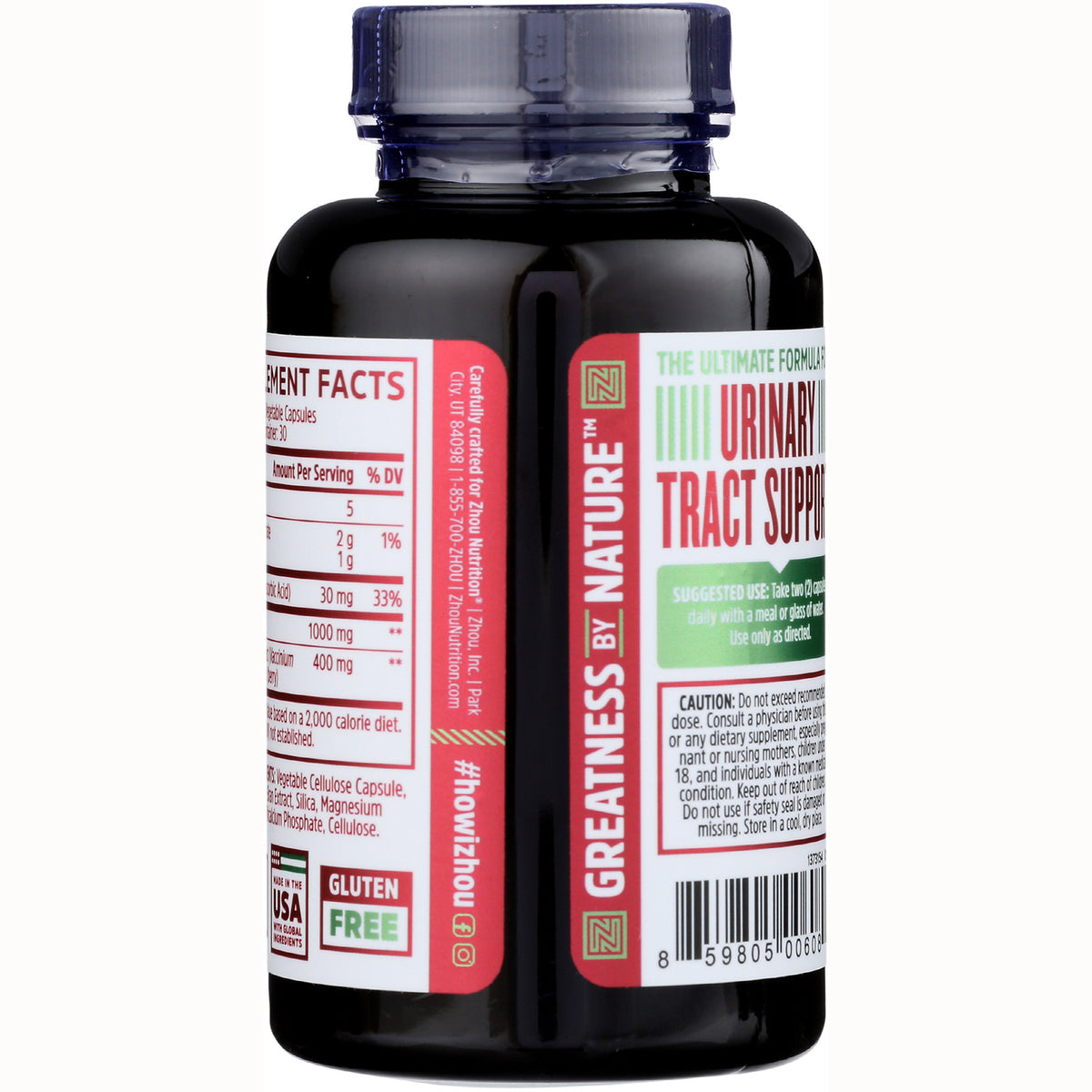 ZOU012 | Back label of supplement bottle with URINARY TRACT SUPPORT, Supplement Facts, barcode, Gluten Free