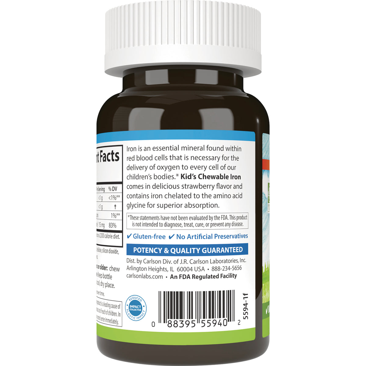 CSN296 | Back label of brown supplement bottle showing product description, gluten-free claims, potency guarantee and barcode