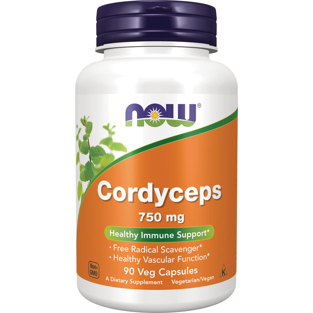 NWF963 | NOW Cordyceps 750 mg supplement bottle with orange label, 90 veg capsules - Thumbnail
