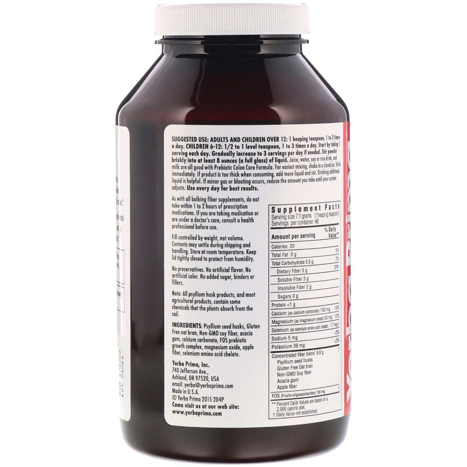 YP005 | Back label with Supplement Facts, ingredients, and directions on fiber supplement bottle