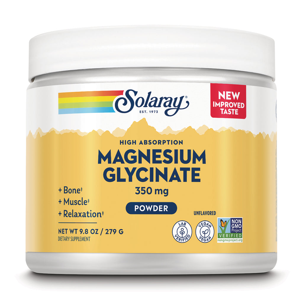 SLR530 | Solaray Magnesium Glycinate 350 mg powder jar, unflavored, yellow label with New Improved Taste badge - Thumbnail