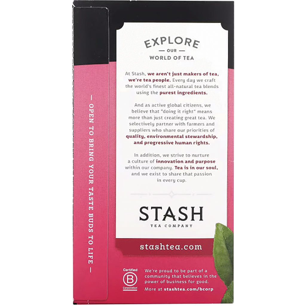 STH002 | Back of Stash Tea box with mission text 'Explore our world of tea', stashtea.com, Certified B Corporation badge - Thumbnail